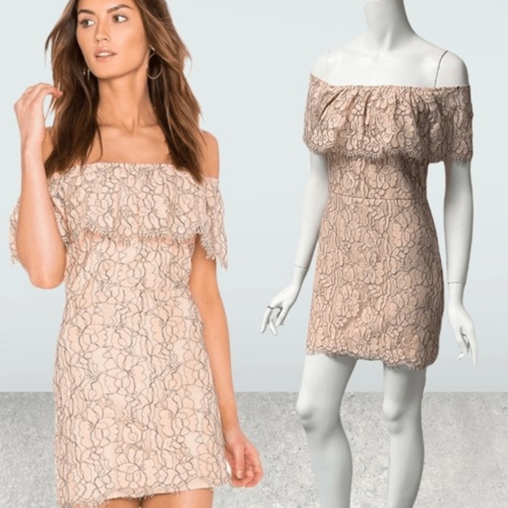 Skies Are Blue Beige Floral‎ Lace Off The Shoulder Ruffle Mini Dress Small